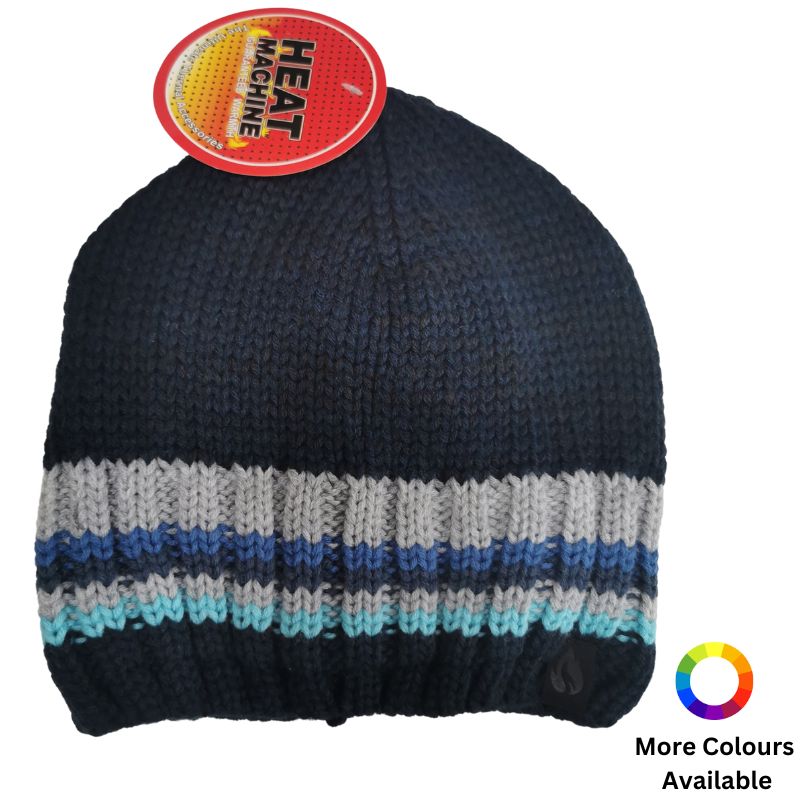 Heat Machine Beanie Hat Stripe Rim Fleece Lined